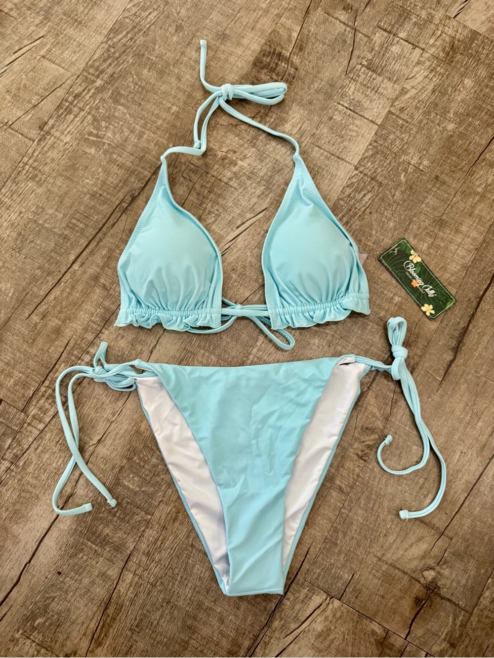 Blooming Jelly Baby Blue Bikini Set Large NWT Ruffle Triangle Tie Side Swimwear